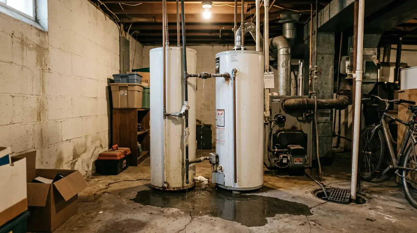 Plumber inspecting a leaking water heater in a New York home